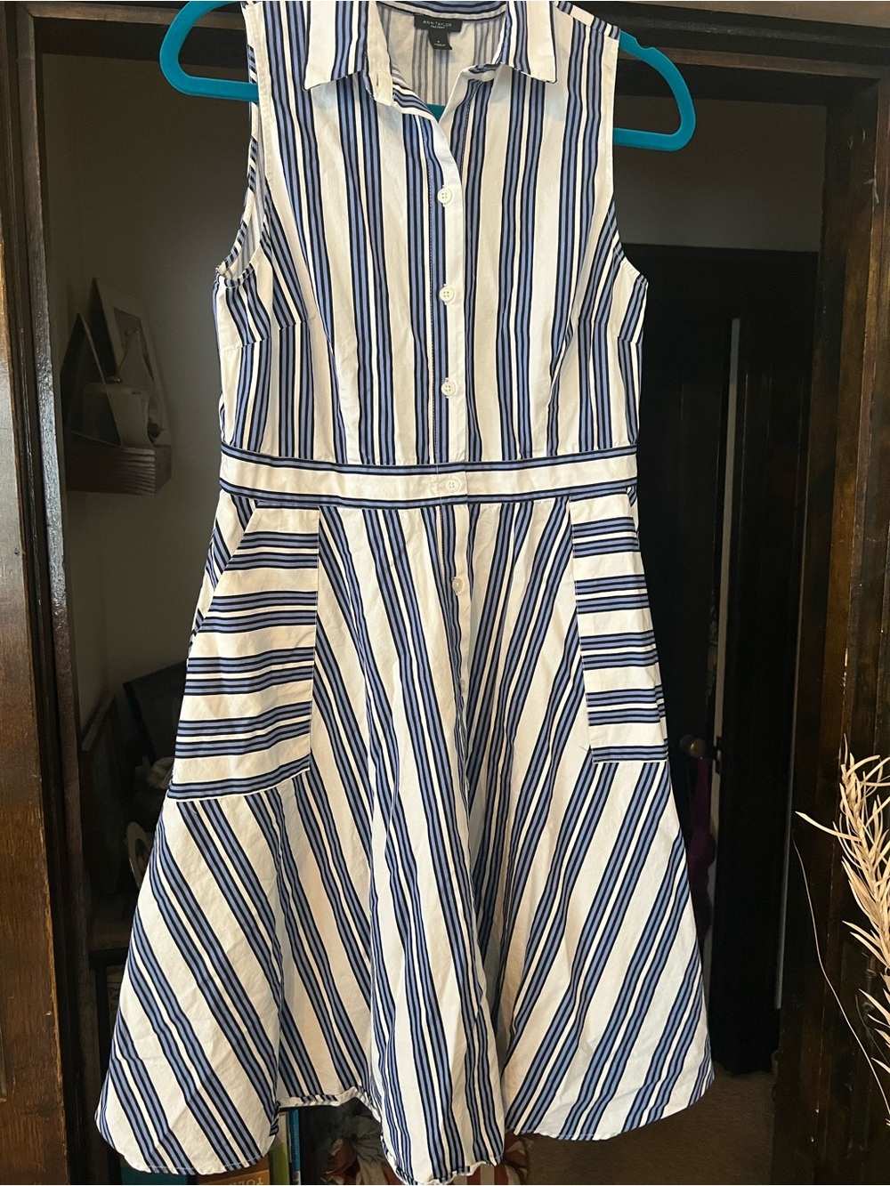 Ann Taylor Factory Navy and White Striped Sleeveless Shirt Dress
